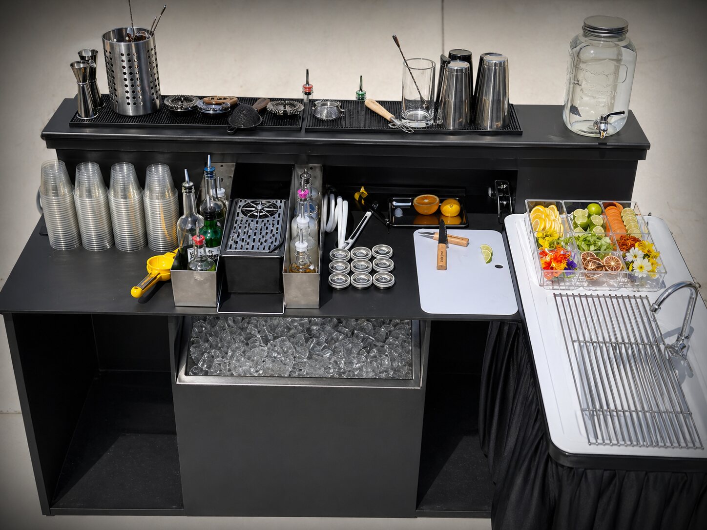 Full Proof mobile bar station with organized tools and bar infrastructure.