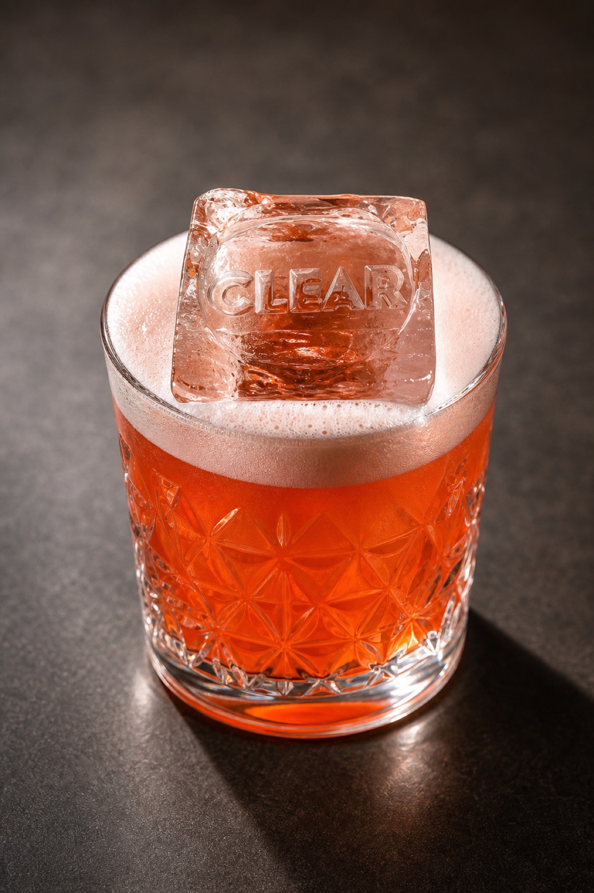 Cocktail served over a branded clear ice cube