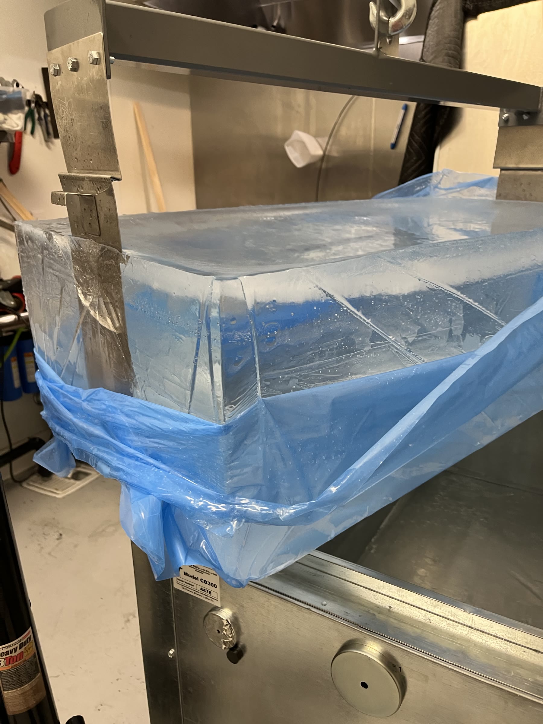 Large Clinebell clear ice block before carving