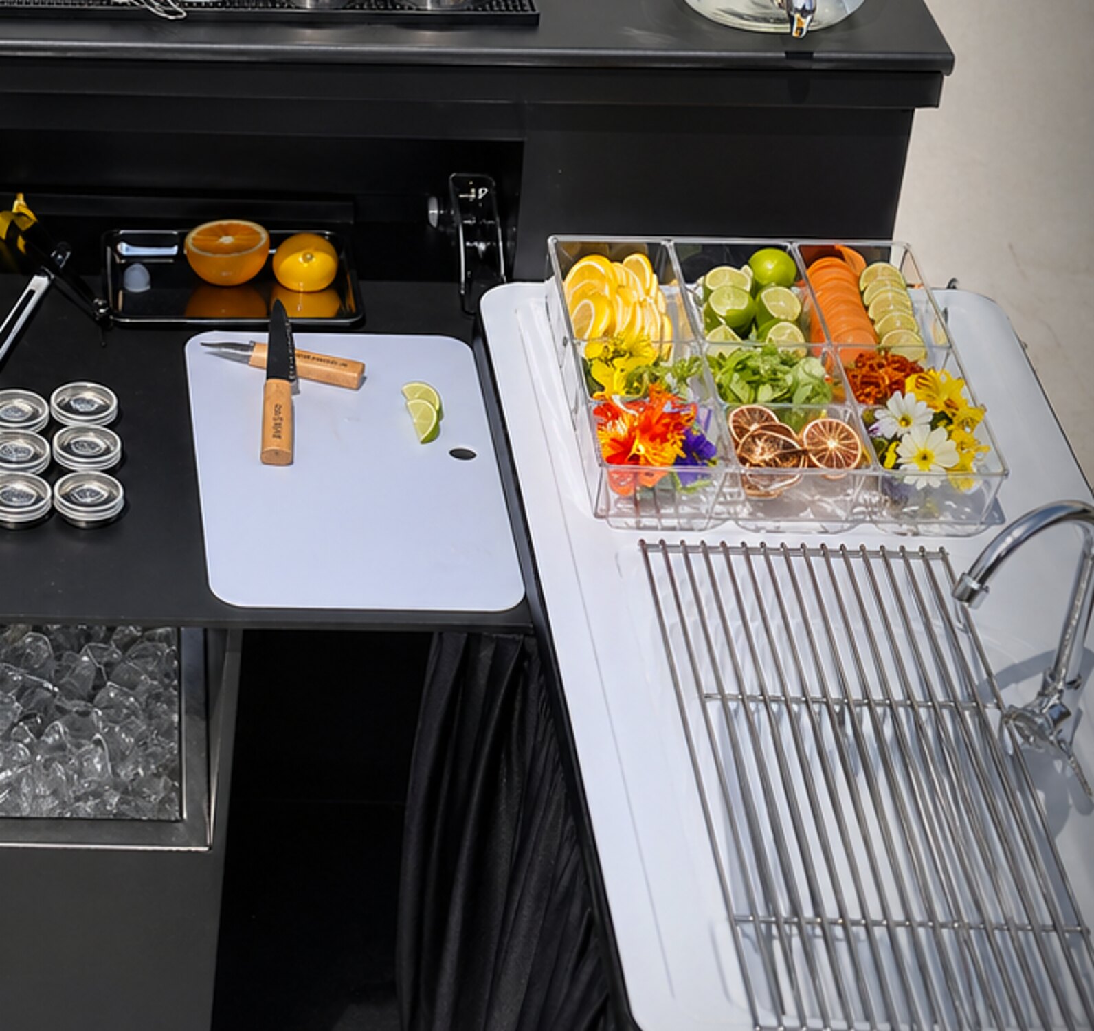 Prepared garnish kit and clean mobile bar work surface