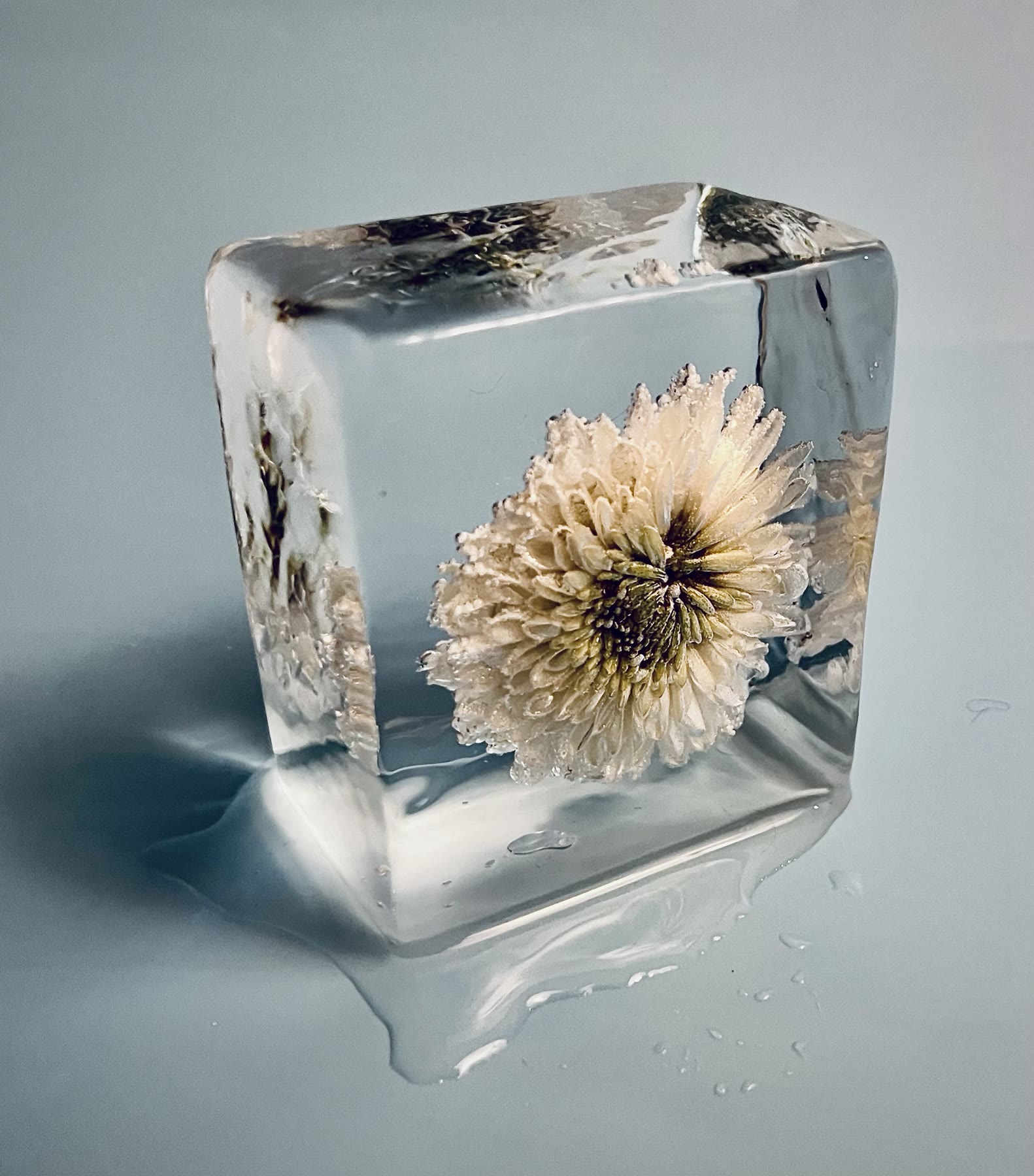 Floral clear ice block showing specialty ice capability