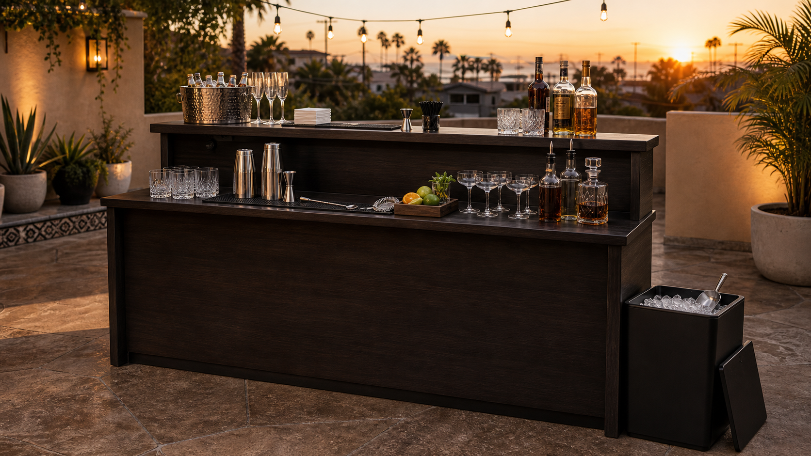 Elite dark wood mobile bar rental setup with portable ice bin and professional bar tools
